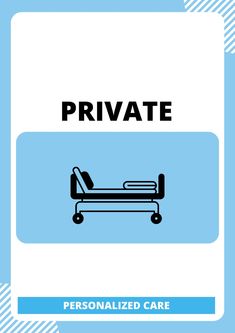 a blue and white poster with the words private personalized care in black on it