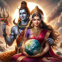 the god and goddess are sitting together in front of a full moon, holding an earth globe