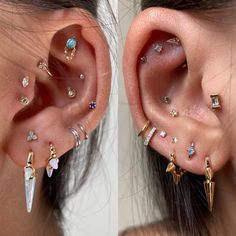 two pictures of different types of ear piercings