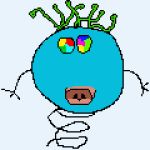 a blue cartoon character with one eye and two hands on his head, holding something in the other hand