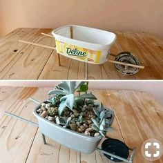 two pictures side by side one has a plant in a pot and the other has a wheelbarrow