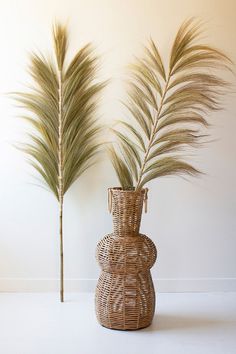 two tall grass plants in a wicker vase on a white surface with a wall behind them