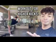 a man standing in front of a gym machine with the words workout for higher kicks