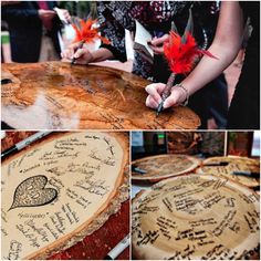 several pictures of people writing on wood with hearts and arrows in the shape of heart