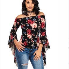 This Top Is Gorgeous! The Colors Are So Vibrant! Sexy And Stylish Off The Shoulder Floral Renniscance Waterfall Bell Sleeve Top. Comes From My Distributor New Without Tags Bust M 17 1/4" L 18" Xl 19 1/4" Length M 17" L 17 1/4" Xl 17 3/4" Stretch Floral Print Tops For Night Out, Black Floral Print Stretch Tops, Flirty Black Top For Fall, Black Stretch Tops With Floral Print, Black Stretch Floral Print Tops, Black Stretch Top With Floral Print, Flirty Black Spring Blouse, Black Flirty Blouse For Spring, Flirty Black Blouse For Spring