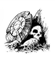 a black and white drawing of a skull under an umbrella