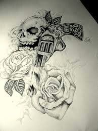 a pencil drawing of a cross and a skull with roses on the side by itself