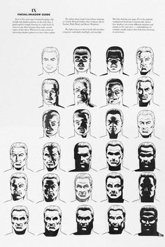 a poster with many different faces and haircuts on it's sides, all in black and white