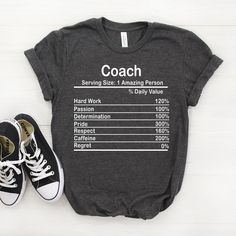 "Personalized Coach Nutrition Facts Shirt, Coach Shirt, Coach Gift, Coach T shirt, Coach Tshirt, Coach Tee, Coach T-shirt ♥ This is a great personalized Coach gift that will put a big smile on the recipient's face. Gift them an unforgettable memory now! 𝐒𝐈𝐙𝐈𝐍𝐆 𝗔𝗡𝗗 𝐂𝐎𝐋𝐎𝐑𝐒 For detailed sizing information and color options, please see listing images. -B.C Only - It means that we have that color only for our Bella Canvas Tees. 📌 𝗛𝗢𝗪 𝗧𝗢 𝗢𝗥𝗗𝗘𝗥 𝟏. Select the shirt \"𝗦𝘁𝘆𝗹? Boss T Shirt, Weights For Women, Bella Canvas Tees, Drummers, Smile On, Lacrosse, Unisex Shirts, Scuba Diving, Tee Design