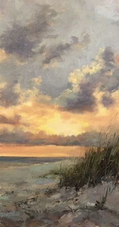 an oil painting of the beach at sunset with clouds in the sky and grass on the sand