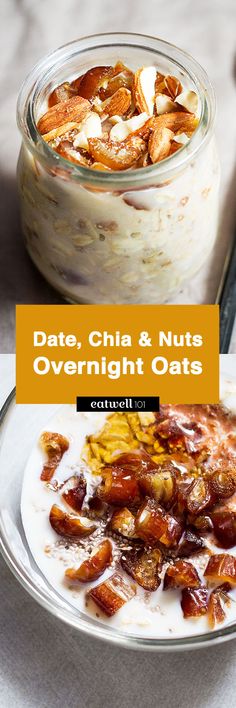 overnight oatmeal in a glass jar with nuts and cinnamon on the side