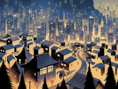 an illustration of a city at night with buildings in the foreground and snow on the ground