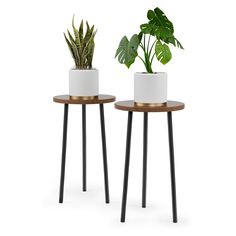 two plant stands with plants on them and one is black, the other has white