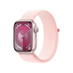 an apple watch with a pink band on the front and side of it's face