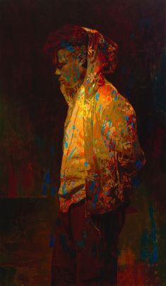 an abstract painting of a man wearing a hat and jacket with his hands on his hips