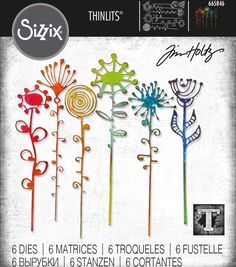 six different colored metal flowers are shown in this package, with the words sizzix on