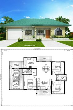 two story house plan with 2 car garage and living room in the front, one bedroom on