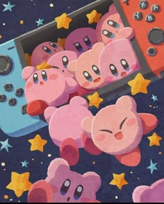 there are many pink teddy bears playing video games on the nintendo wii game console, with stars in the background