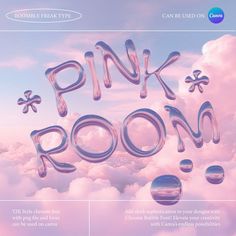 an advertisement for pink room with balloons floating in the air