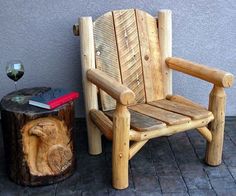 a wooden chair sitting next to a tree stump