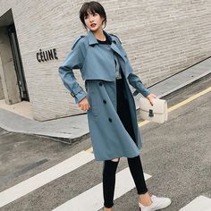 Brand Name: FitaylorStyle: StreetwearClothing Length: LongOrigin: CN(Origin)Season: Spring/AutumnClosure Type: Double BreastedSleeve Length(cm): FullGender: WOMENFabric Type: BroadclothMaterial: COTTONMaterial: SpandexOuterwear Type: TrenchDecoration: ButtonDecoration: PocketsDecoration: SashesPattern Type: SolidAge: Ages 18-35 Years OldModel Number: WJM190708bCollar: Turn-down CollarType: High Waist Casual Long Blue Outerwear, Long Blue Outerwear For Spring, Blue Long Outerwear For Spring, Long Blue Spring Outerwear, Trendy Blue Double-breasted Outerwear, Double Breasted Coat Women, Trench Coats Women Long, Vintage Trench Coat, Slim Fit Crop Top