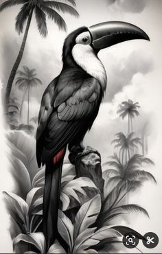 a black and white drawing of a toucan sitting on a branch with palm trees in the background