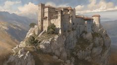 an old castle perched on top of a rocky cliff with mountains in the background and clouds overhead