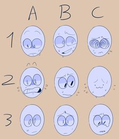 cartoon faces with different expressions and numbers on the face, all drawn in blue ink