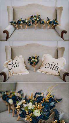 two pictures of blue and white flowers on the back of a couch with mr and mrs pillows