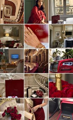 a collage of photos with red and gold accessories