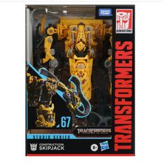 an action figure is shown in the packaging for this toy, which features a yellow and black transformer