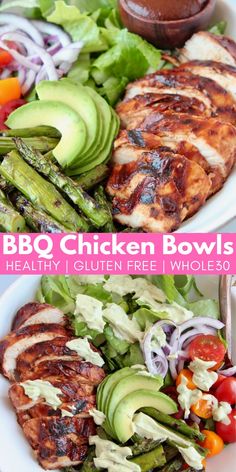 grilled chicken bowls with avocado, tomatoes and asparagus