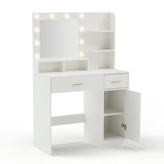 a white vanity with lights on it and a mirror over the top that is open