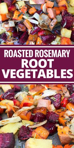 roasted rosemary root vegetables with text overlay