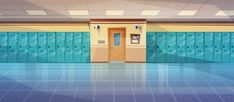 an empty school room with lockers in the wall and blue tile flooring on the walls