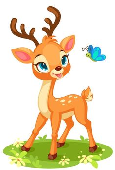 a cute little deer standing in the grass with a butterfly on it's nose