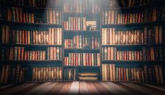 an empty room with bookshelves and light coming from the top one in the middle