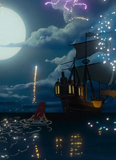 an animated image of a pirate ship in the ocean with fireworks coming out of it