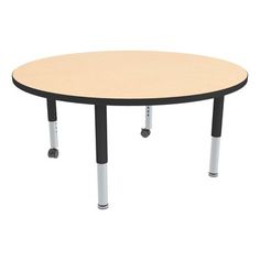 a round table with two metal legs and a wooden top on an isolated white background