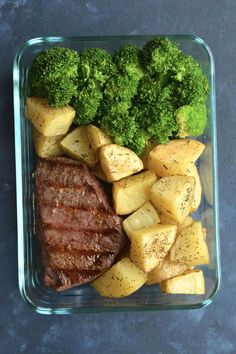 broccoli, potatoes and meat in a glass dish