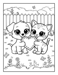 two little puppies holding a heart in the grass with flowers and butterflies around them