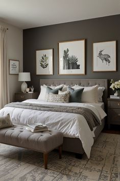 a bedroom with gray walls and white bedding