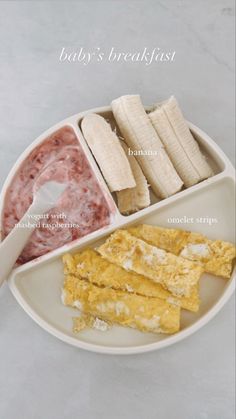 a white plate topped with different types of food next to a bowl filled with bananas