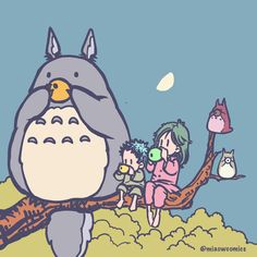 an image of people sitting on a branch with totoro and other animals in the background