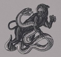 a black and white drawing of a tiger with a snake on it's back