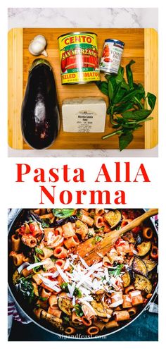 pasta alla norma with spinach and mushrooms in a skillet