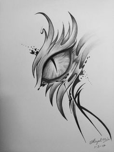 a drawing of a dragon's eye with black and white lines on the side