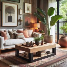 a living room filled with lots of furniture and potted plants on top of a coffee table