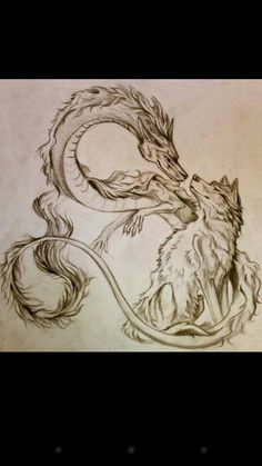 a drawing of a dragon and a dog