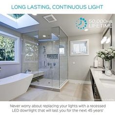 a bathroom with a large glass shower door and white tub in the middle of it